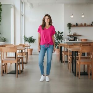 NWT Modern Works Women’s Tie Front Drop Shoulder Blouse Top Cropped Bright Pink‎